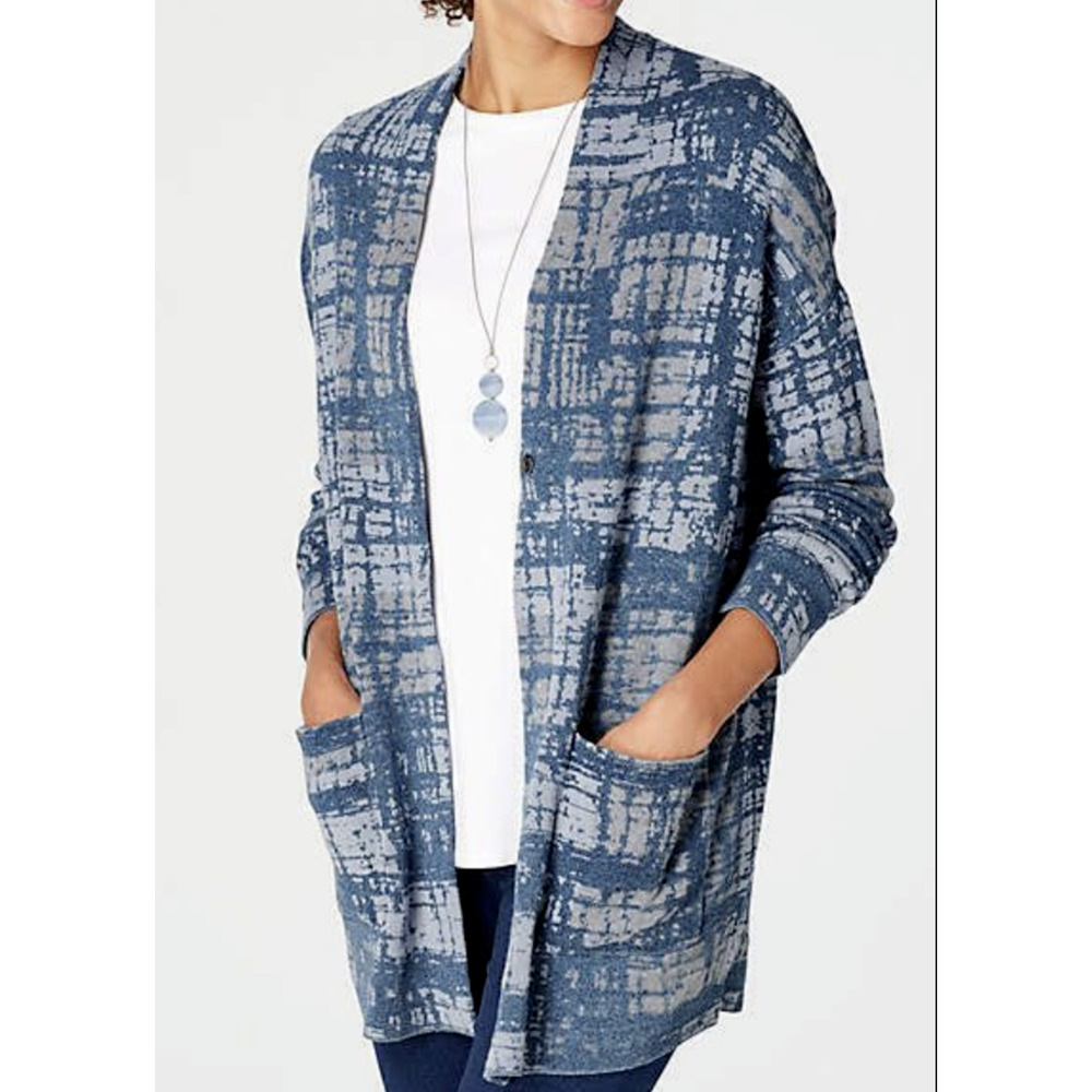 Pure Jill Indigo Blue Abstract Knit Open Cardigan Sweater Womans Size Medium